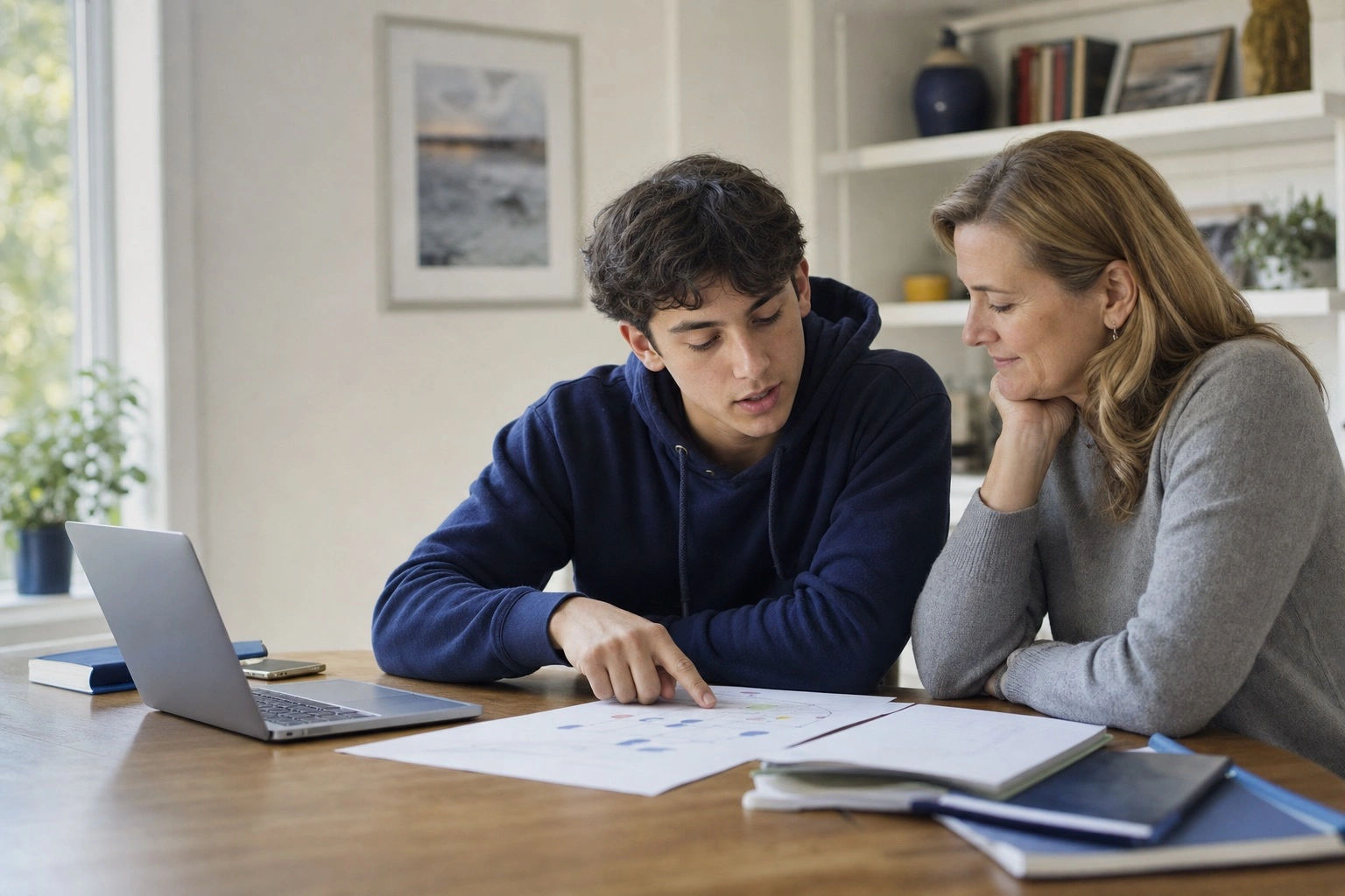 A family planning college applications together at the kitchen table